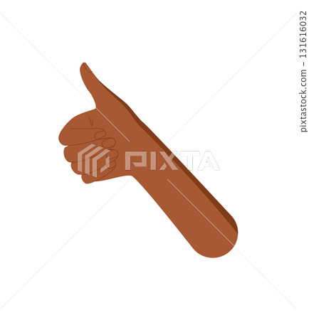 Flat colorful raised thumb up gesture sticker. Human hand with fingers closed in symbolic sign. Bright abstract concept of raised thumb for banner, template, or creative symbol. 131616032