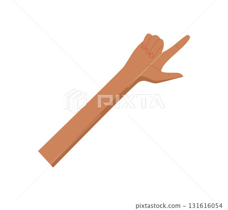 Flat cartoon black hand gesture. Bare hand gesture showing number two with raised fingers. Human number count sign with palm up, isolated graphic for educational or learning tools. 131616054