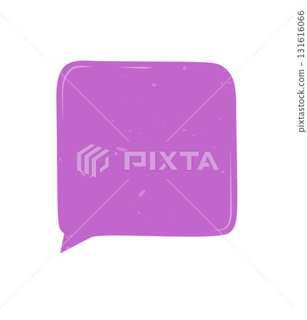 Hand drawn rough chat sticker box in fluid rectangle form. Speech bubble with comment and talk message, modern purple tone for playful communication label, social post or message decoration. 131616066