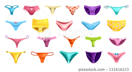 Cartoon women underpants. Female underwear, woman underware lingerie sexy panties string thong tanga bikini cheeky panty underclothes girls cartoon set kicky vector illustration 131616223