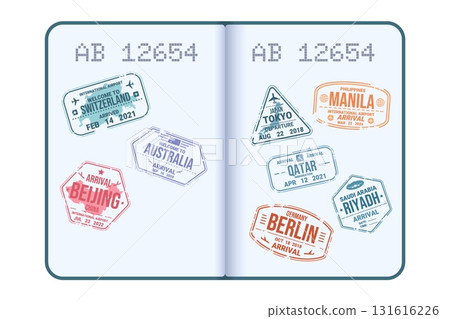 Open passport with stamps. Travel stamp in visa, International airport usa legal immigration foreign country passports page airplane identification sign, kicky vector illustration Open passport with stamps. Travel stamp in visa, International airport usa legal immigration foreign country passports page airplane identification sign, kicky vector illustration 131616226