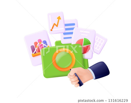 3d magnifier audit. Hand with magnifying glass data analysis, business insight finance service study research overview survey financial control charts, exact vector illustration 131616229