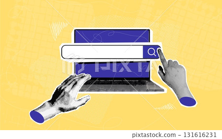 Laptop search collage. Website search bar, seo internet paper news computer online work research digital communication technology study concept pop art exact vector illustration 131616231