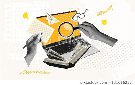 Laptop study collage. Online school education, book ebook webinar exam training university student computer course homework read computer knowledge retro exact vector illustration Laptop study collage. Online school education, book ebook webinar exam training university student computer course homework read computer knowledge retro exact vector illustration 131616232