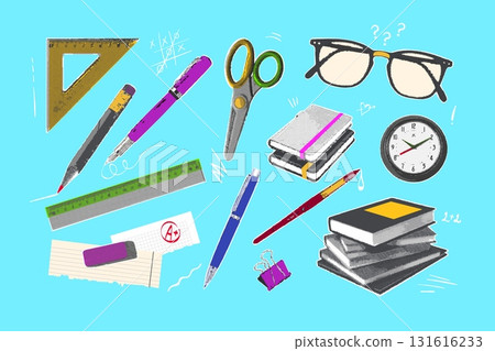 Stationery halftone collage. School supplies, college university study element, pen glasses pencil scissors ruler education marketing vintage stickers exact vector illustration 131616233
