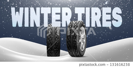 Winter tires. Realistic studded tire for wintry ice road with snow or rain, christmas holiday sale car shop advertising banner wheel rubber tyre service 3d vector illustration 131616238