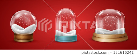 Snow domes. Glass snowball, realistic dome sphere snowglobe merry christmas new year souvenir xmas decoration magic winter holiday globe ball on base 3d set vector illustration 131616241