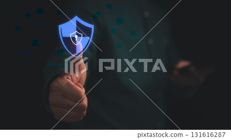 Hand showing thumbs up with digital shield icon, symbolizing cybersecurity, data protection and online privacy. Concept of secure network, internet safety and information technology security system. 131616287