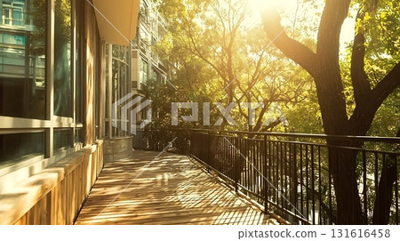 Sunlight Glimmers on Modern Building Facade with Large Windows and Natural Stone Textures Sunlight Glimmers on Modern Building Facade with Large Windows and Natural Stone Textures 131616458