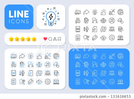 Paper plane, Bell alert and Music line icons for web app. Message, Share, Like social media icons. Pack of Voting ballot, International love, Ssd pictogram icons. Vector 131616653