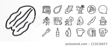 Tea cup, Water drop and Alcohol addiction line icons for web app. Glare of light effect. Message icon. Pack of Wine, Water bottle, Pecan nut pictogram icons. Food delivery, Knife, Dish signs. Vector 131616657