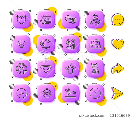 Heart, Salary and Wholesale goods line icons. App 3d buttons. Social media comment, share, like icons. Pack of T-shirt, Notification received, Quick tips icon. Vector 131616689