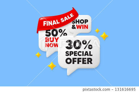 Discount speech bubbles. Final sale flag ribbon. 30 percent discount offer tag. Sale price promo sign. Special offer symbol. Discount chat bubbles with 3d sparkles. Vector Discount speech bubbles. Final sale flag ribbon. 30 percent discount offer tag. Sale price promo sign. Special offer symbol. Discount chat bubbles with 3d sparkles. Vector 131616695