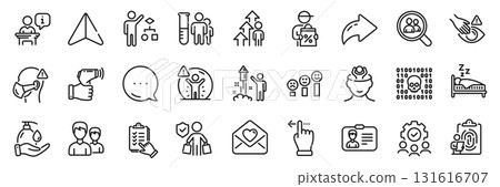 Search employees, Sleep and Medical analyzes line icons pack. Share, Message, Paper plane icons. Wash hands, Algorithm, Teamwork web icon. Dont touch, Touchscreen gesture, Podium pictogram. Vector 131616707