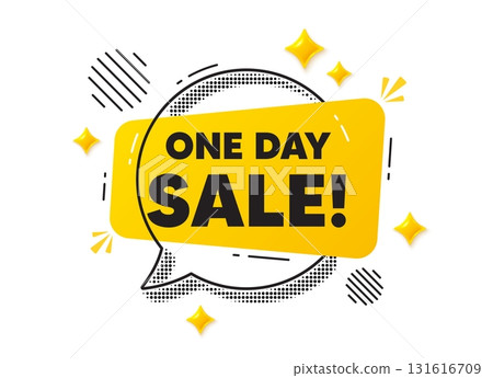 One day chat speech bubble. Social media concept. One day sale tag. Special offer price sign. Advertising Discounts symbol. Yellow chat message. Offer speech bubble. Glare 3d stars. Vector One day chat speech bubble. Social media concept. One day sale tag. Special offer price sign. Advertising Discounts symbol. Yellow chat message. Offer speech bubble. Glare 3d stars. Vector 131616709