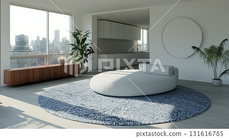 Modern Living Room with Large Circular Sofa and City View Through Floor-to-Ceiling Windows Modern Living Room with Large Circular Sofa and City View Through Floor-to-Ceiling Windows 131616785