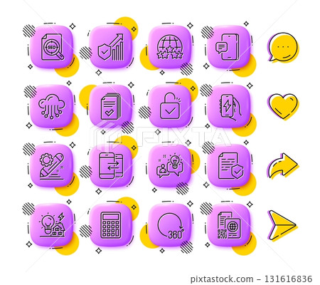 Idea, Calculator and Project edit line icons. App 3d buttons. Social media comment, share, like icons. Pack of Phone communication, 360 degrees, Phone message icon. Vector Idea, Calculator and Project edit line icons. App 3d buttons. Social media comment, share, like icons. Pack of Phone communication, 360 degrees, Phone message icon. Vector 131616836