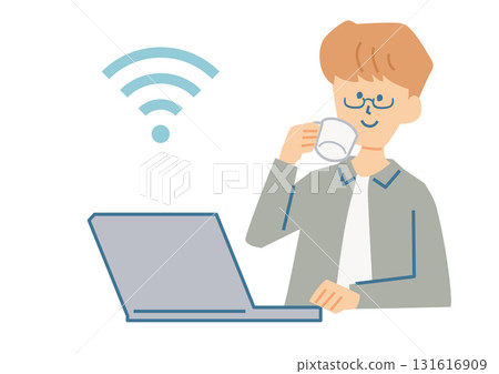 Illustration of a person using a Wi-Fi mark and a laptop Illustration of a person using a Wi-Fi mark and a laptop 131616909