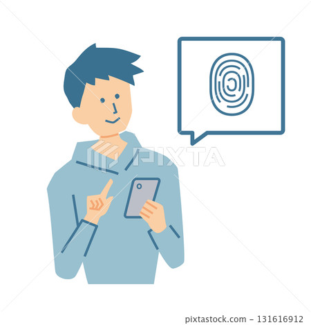 一名男子在智慧型手機上使用指紋認證的插圖 131616912