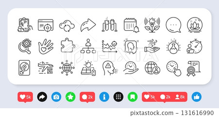 Seo analysis, Wind energy and Social responsibility line icons pack. Social media: share, comment, like icons. Qr code, Lotus, Cloud sync web icon. Safe time, Puzzle, Calendar pictogram. Vector 131616990