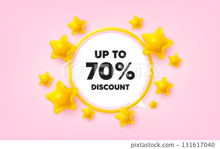 Discount tag frame banner. Speech bubble offer. Up to 70 percent discount. Sale offer price sign. Special offer symbol. Save 70 percentages. 3d stars glitter tag. Golden frame banner. Vector Discount tag frame banner. Speech bubble offer. Up to 70 percent discount. Sale offer price sign. Special offer symbol. Save 70 percentages. 3d stars glitter tag. Golden frame banner. Vector 131617040