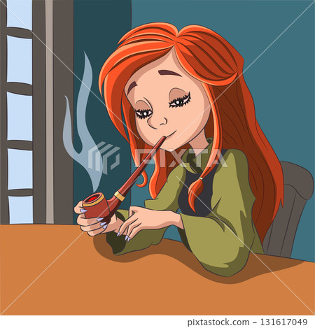 Redhead woman smoking pipe vector illustration Redhead woman smoking pipe vector illustration 131617049