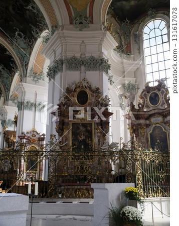 Stunning interior of a historic church showcasing intricate architectural details and artful decorations Stunning interior of a historic church showcasing intricate architectural details and artful decorations 131617078