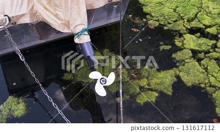 Boat motor propeller above green algae in calm water on a quiet afternoon 131617112