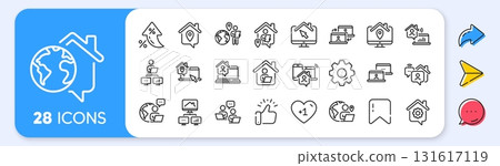 Work at home line icons. Interest rate, AI generate, Inflation icons. Remote worker, Freelance job, Office employee. Stay at home, internet work, remote teamwork line icons. Vector 131617119