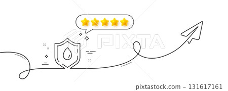 Blood donation line icon. Continuous line with share plane. Medical analyzes sign. Pharmacy medication symbol. Five star rate review in speech bubble. Blood donation single line ribbon. Vector 131617161