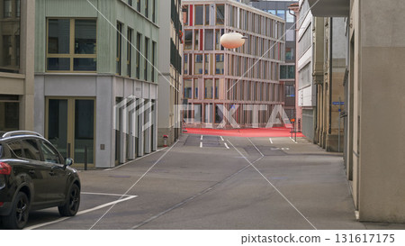 Urban street scene showcasing modern architecture and lighting effects in an empty alleyway Urban street scene showcasing modern architecture and lighting effects in an empty alleyway 131617175