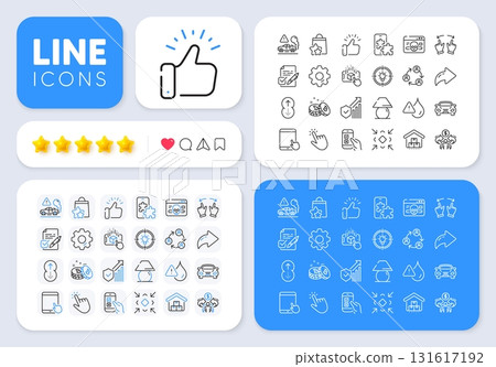 Table lamp, Exhaust and Car line icons for web app. Message, Share, Like social media icons. Pack of Teamwork, Waterproof, Sharing economy pictogram icons. Vector 131617192