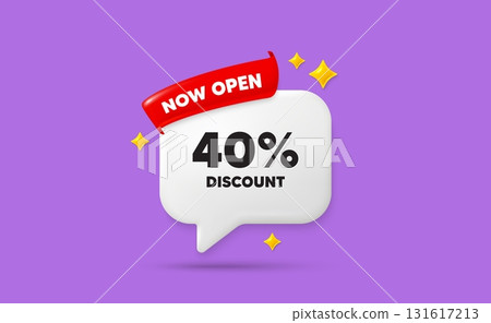Discount ribbon speech bubble. Now open flag ribbon. 40 percent discount tag. Sale offer price sign. Special offer symbol. 3d sparkle stars speech bubble. Vector 131617213