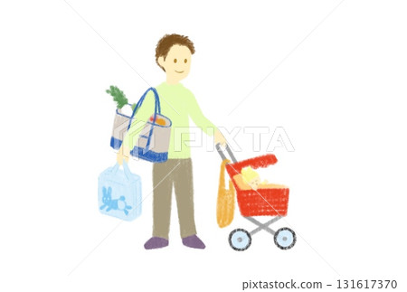 A man pushing a red stroller on his way home from shopping 131617370