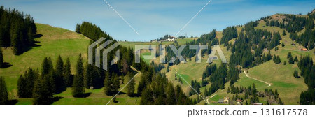Scenic view of green rolling hills with pine trees in a tranquil alpine landscape during daylight Scenic view of green rolling hills with pine trees in a tranquil alpine landscape during daylight 131617578
