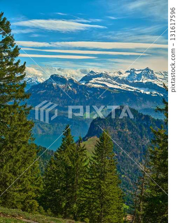 Snow-capped mountains rise above lush green forests in the Swiss Alps under a bright blue sky Snow-capped mountains rise above lush green forests in the Swiss Alps under a bright blue sky 131617596