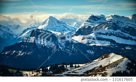 Majestic snow-capped mountains under a clear sky in the Swiss Alps during winter 131617605