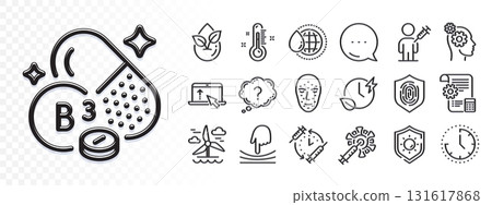 Thermometer, Thoughts and Face biometrics line icons for web app. Glare of light effect. Message icon. Pack of Windmill, World water, Fingerprint pictogram icons. Vector 131617868