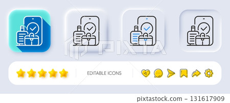 Carry-on baggage line icon. Neumorphic, Flat shadow, 3d buttons. Travel handbag sign. Allowed luggage bag symbol. Line carry-on baggage icon. Social media icons. Vector 131617909