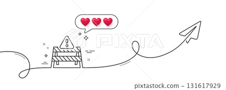 Warning road sign line icon. Continuous line with share plane. Attention triangle sign. Caution alert symbol. Hearts rate review in speech bubble. Warning road single line ribbon. Vector Warning road sign line icon. Continuous line with share plane. Attention triangle sign. Caution alert symbol. Hearts rate review in speech bubble. Warning road single line ribbon. Vector 131617929