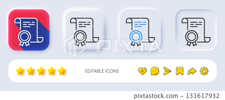 Certificate line icon. Neumorphic, Flat shadow, 3d buttons. Certified document sign. Medal or stamp symbol. Line certificate icon. Social media icons. Vector Certificate line icon. Neumorphic, Flat shadow, 3d buttons. Certified document sign. Medal or stamp symbol. Line certificate icon. Social media icons. Vector 131617932