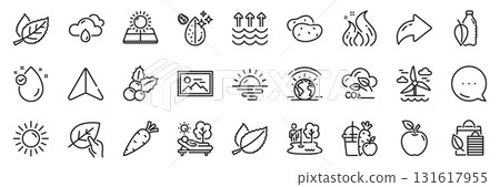 Sunrise, Mint leaves and Apple line icons pack. Share, Message, Paper plane icons. Sun, Vitamin e, Sun energy web icon. Lounger, Water bottle, Christmas holly pictogram. Vector 131617955