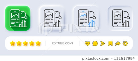 Phone search line icon. Neumorphic, Flat shadow, 3d buttons. Smartphone app sign. Cellphone mobile device symbol. Line phone search icon. Social media icons. Vector 131617994