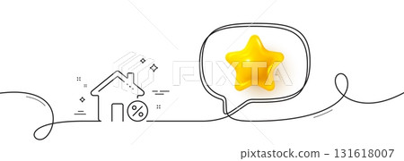 Loan house percent line icon. Continuous line with 3d star. Discount sign. Credit percentage symbol. 3d star in speech bubble. Loan house single line ribbon. Loop curve pattern. Vector Loan house percent line icon. Continuous line with 3d star. Discount sign. Credit percentage symbol. 3d star in speech bubble. Loan house single line ribbon. Loop curve pattern. Vector 131618007