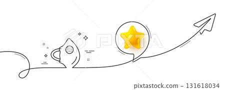 Medical mask N95 line icon. Continuous line with share plane. Safety breathing respiratory mask sign. Coronavirus face protection symbol. 3d star in speech bubble. Vector 131618034