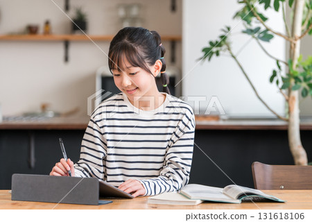 Elementary and junior high school girls studying and doing homework using tablets Elementary and junior high school girls studying and doing homework using tablets 131618106