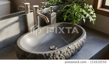 Elegant Dark Gray Stone Sink with Stainless Steel Fixtures and Green Plant Enhancing a Modern Bathroom Interior 131618550