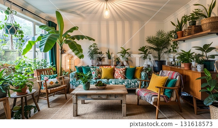 Green Oasis Indoors Sunlight Cascades on Vintage Home With Abundance of Potted Plants Cushions and Wooden Furnishings Displayed on Shelves in a Cozy Room 131618573