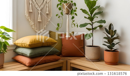 Indoor Corner Display with Earth Tone Pillows Plants and Woven Macrame Decor in Natural Light Creating a Cozy Home Interior with Wooden Bench Furniture Indoor Corner Display with Earth Tone Pillows Plants and Woven Macrame Decor in Natural Light Creating a Cozy Home Interior with Wooden Bench Furniture 131618576