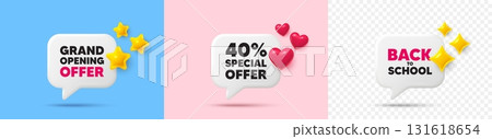 Discount chat speech bubble. 3d stars, sparkles, hearts chat bubbles. 40 percent discount offer tag. Sale price promo sign. Special offer symbol. Final sale, Back to school tag. Vector 131618654